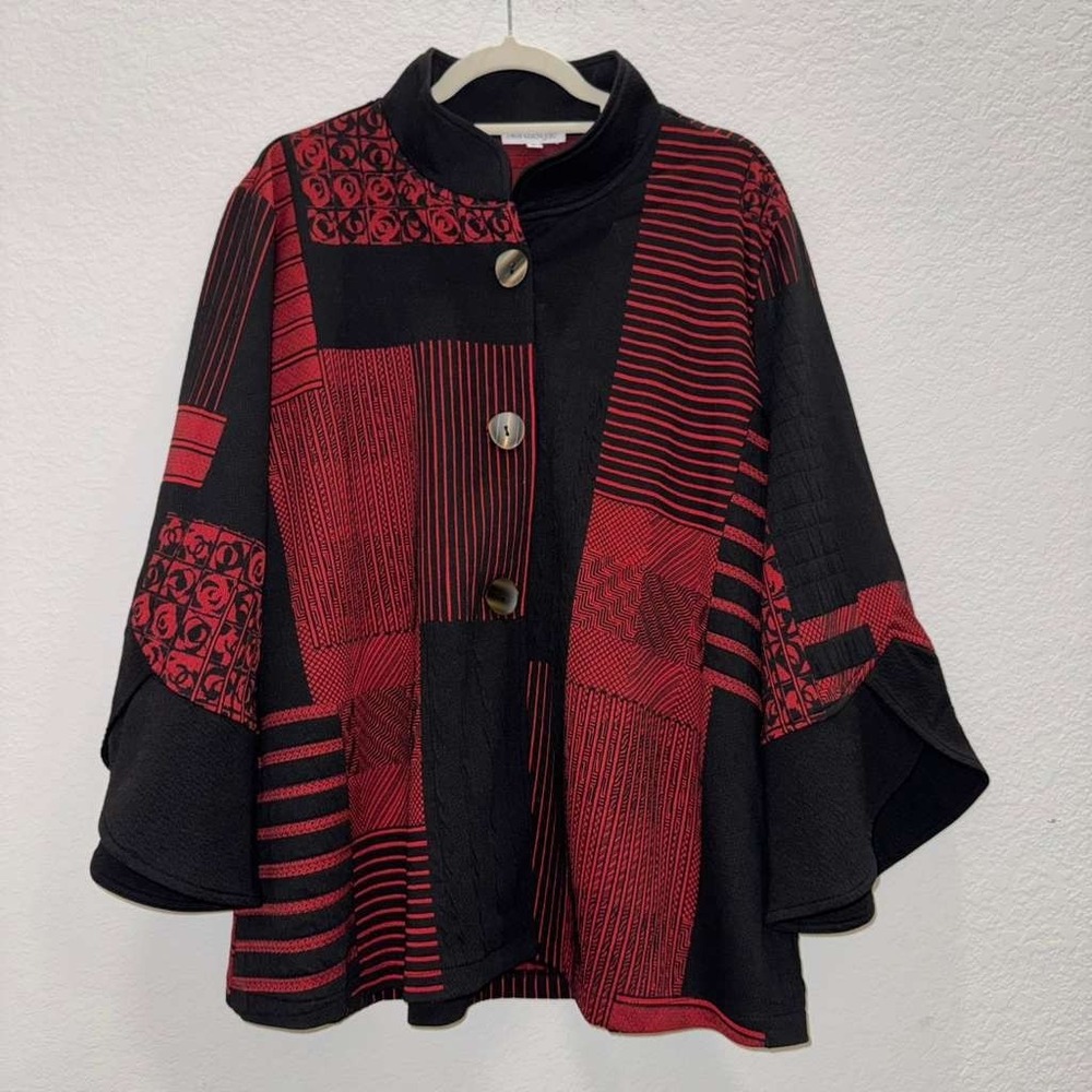 NorthStyle Womens Sz XL Button Up Cardigan Cape Style Patchwork Red Bell Sleeves